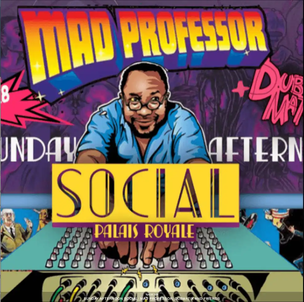 Event flyer of illustrated man DJing for Mad Professor