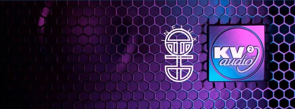 Purple abstract hexagon pattern with two logos