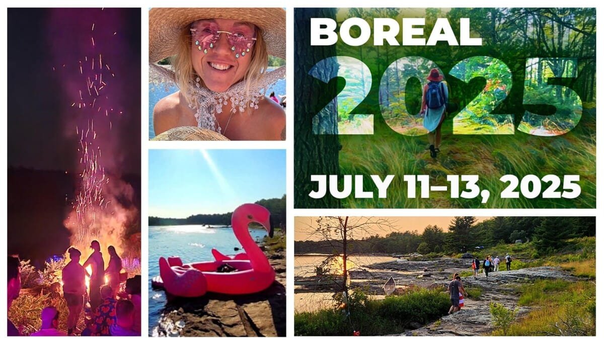 A series of photos a campfire, people walking and smiles