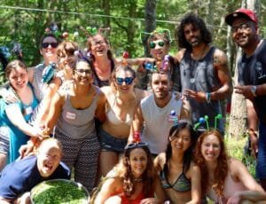 A group of people with alien antennas making dinner in Muskoka