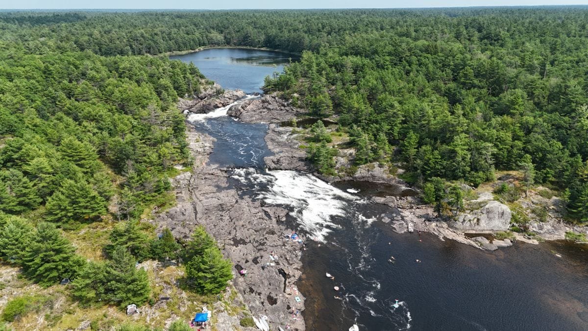 The river and Muskokas from a drone