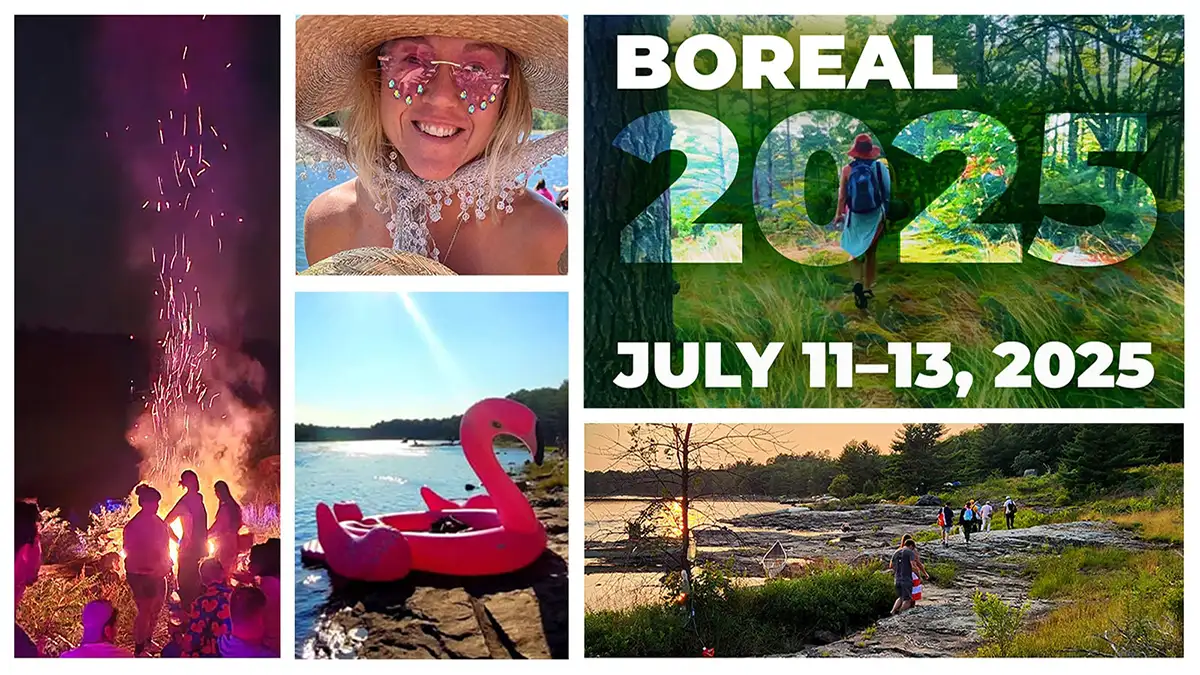 A series of photos a campfire, people walking and smiles