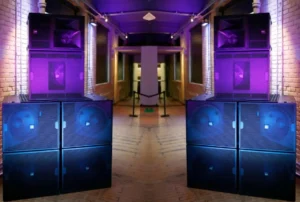 Sound system rental speakers in a loft venue