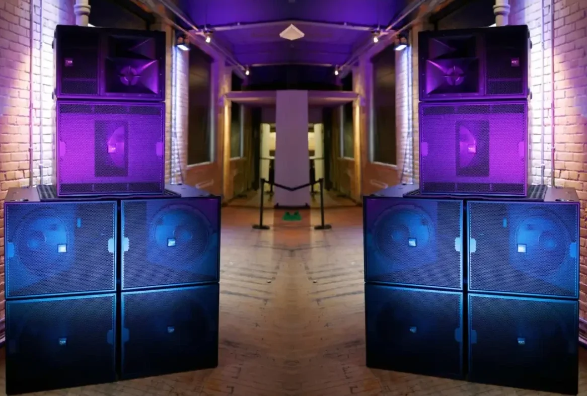 Sound system rental speakers in a loft venue