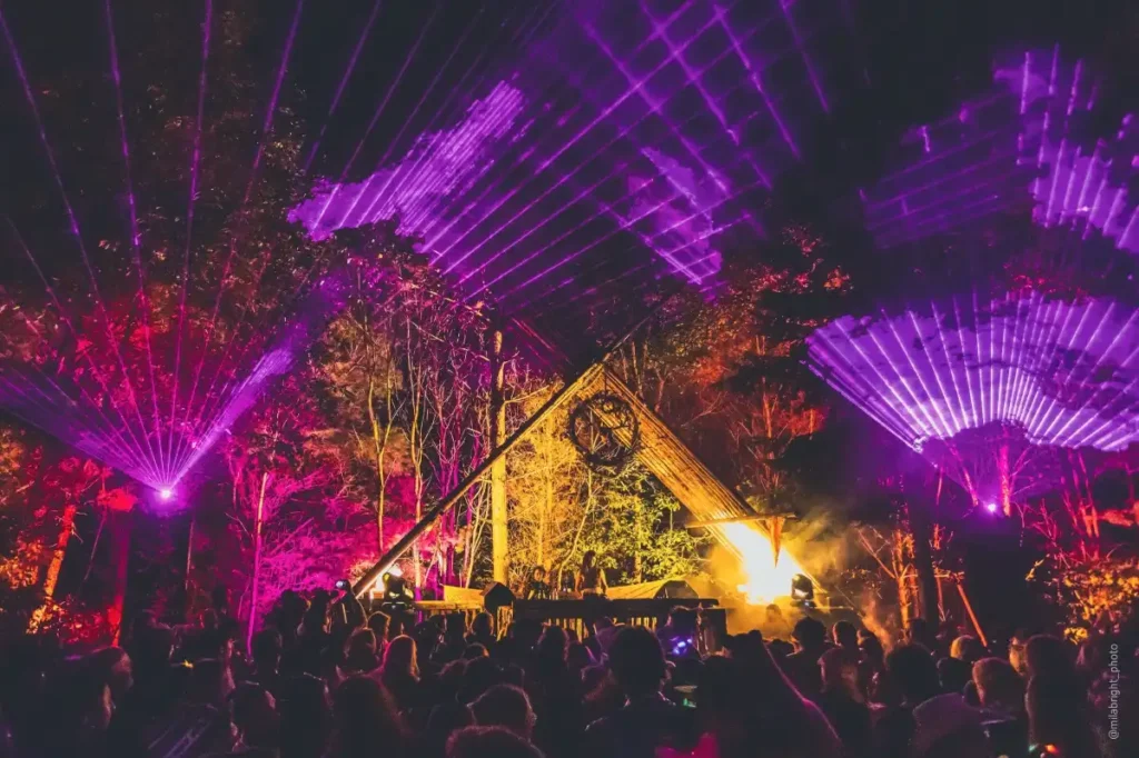 The Heads stage made of an A frame of logs with a crowd dancing. Purple lazers above