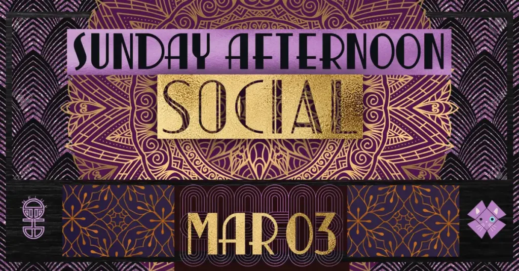 Purple event flyer for Sunday Afternoon Social