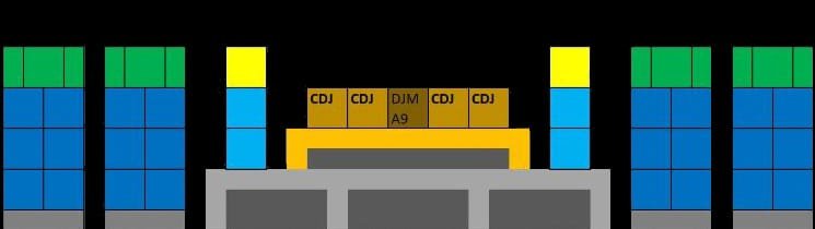 Illustration of a large rig of speakers and stage