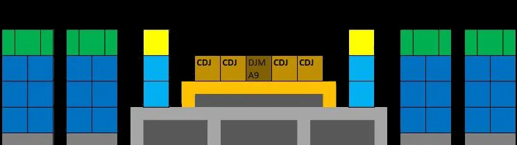 Illustration of a large rig of speakers and stage