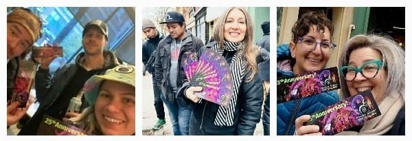 Three photos of ticket buyers with tickets