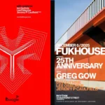 Red poster with abstract shape. Another poster with the side of an orange bridge with railing