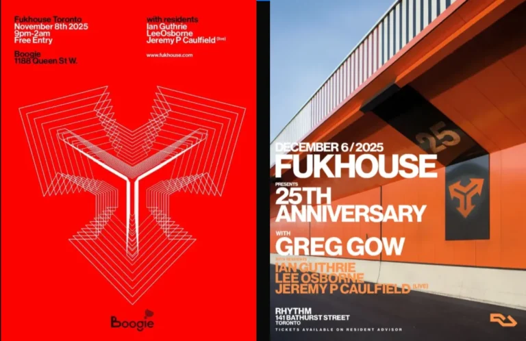 Red poster with abstract shape. Another poster with the side of an orange bridge with railing