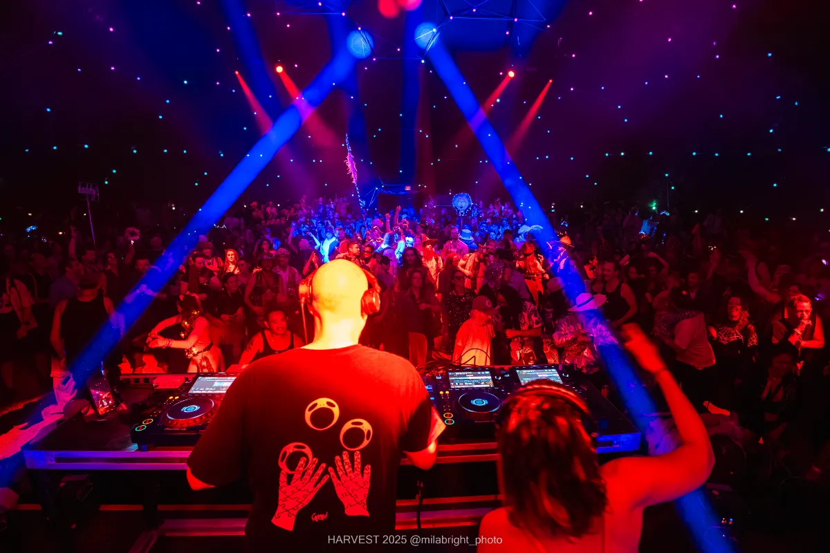 DJs from behind with crowd beyond