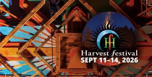 2026 Harvest festival ticket with wood stage detail and logo