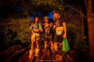 Three friends by the bonfire