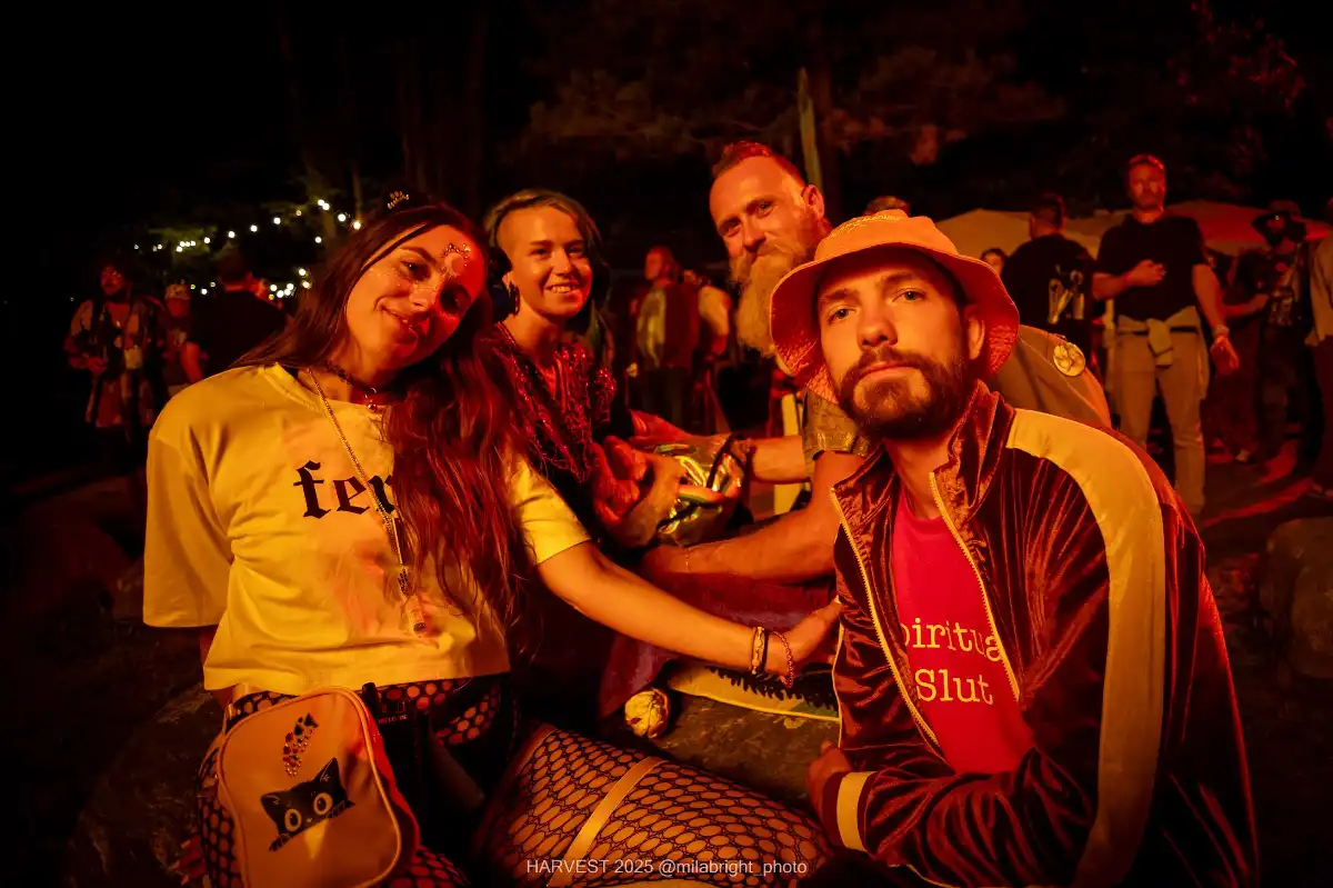 Four friends by the bonfire