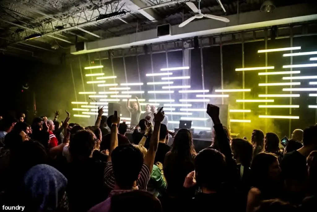 Crowd with hands in the air by wall of horizontal lights