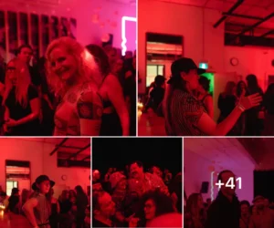 Gallery of red room with faces and dancers by Derek Samaha