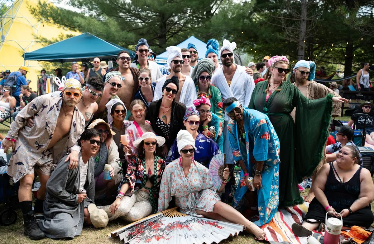 A group of people in bathrobes and lounge wear