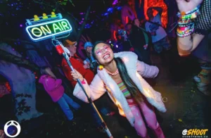 Woman with ON AIR sign