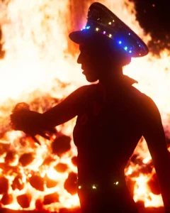 Silowette of woman by fire