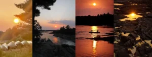 Four vertical panels show a progression of a sunset over a boreal river: tents by trees, silhouettes on rocks, a canoe gliding on the water, and golden sunlight reflecting on rocky shorelines.