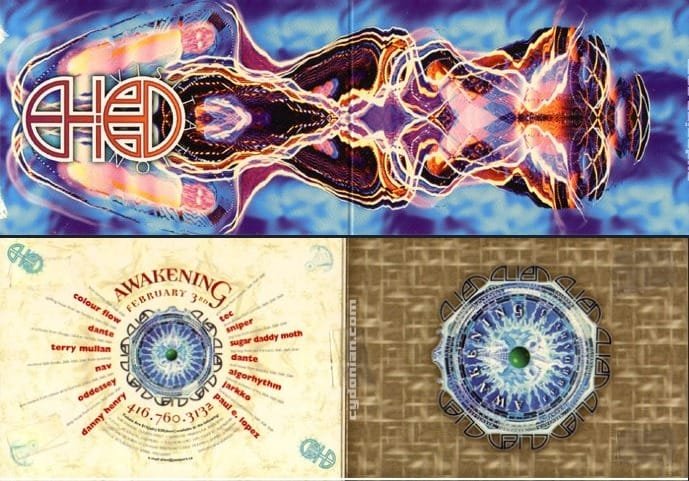 Top half: Abstract, symmetrical digital artwork in vivid blues, reds, and purples, with mirrored shapes and the word HEAD on the left. Bottom half: Vintage-style event flyer with circular text and ornate blue emblem.