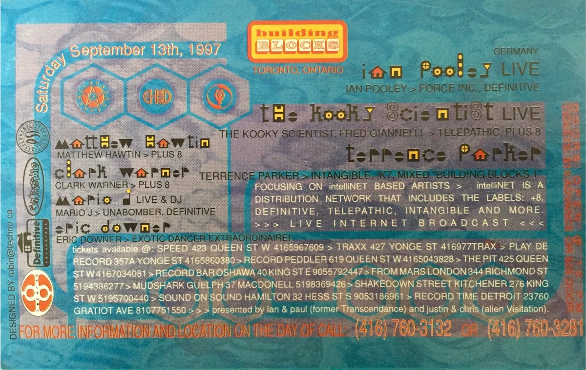 Backside of flyer, blue and abstract
