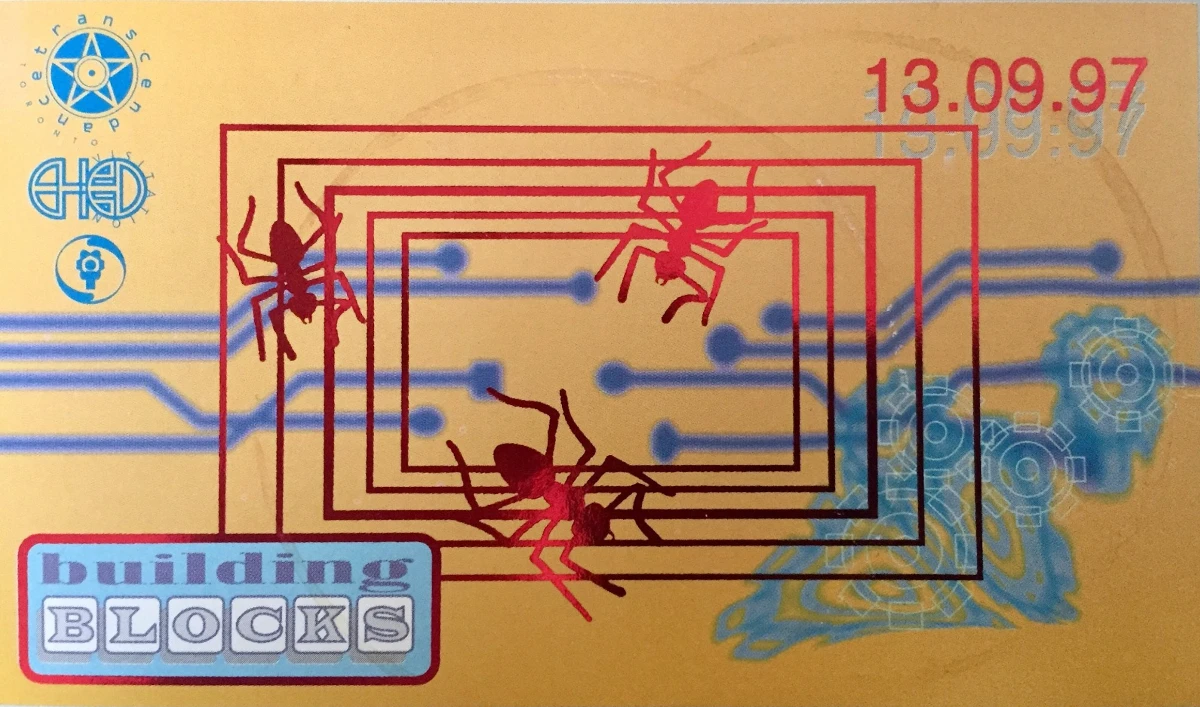 Yellow Building Blocks flyer with shiny red ants in a circuit