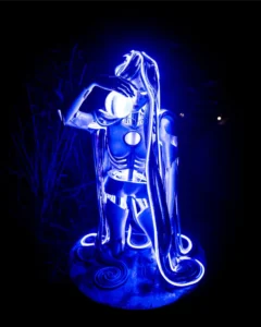 Neon blue lit technical figure