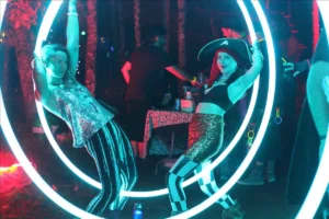 Two pirates in a white spiraling tube