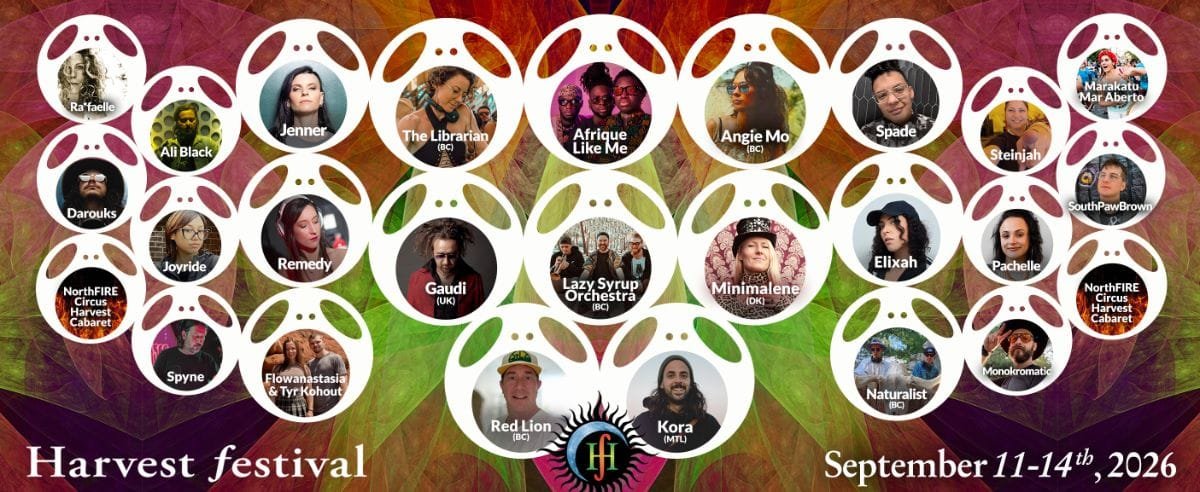 Harvest Festival 2026: Lineup poster with artists like Ra'faelle, Jenner, Afrique Like Me, Angie Mo, and Red Lion.
