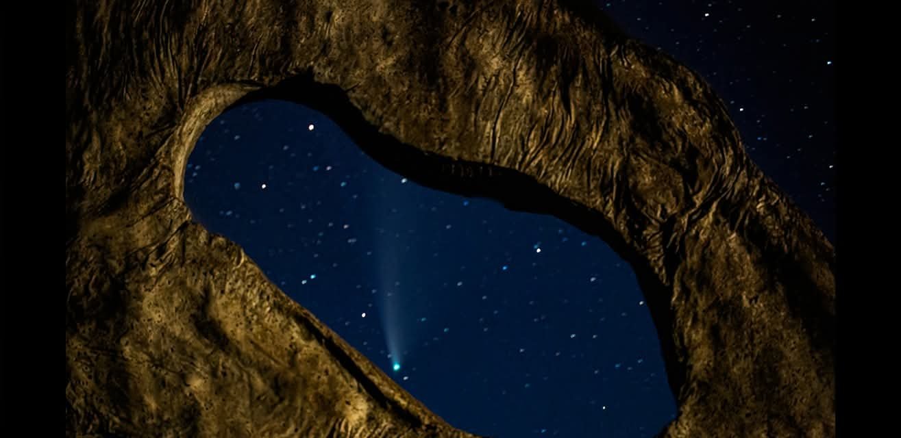 Perseids meteor shower visible through a natural rock arch during Harvest 2026