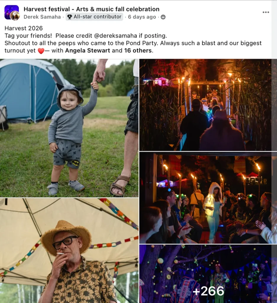 Harvest festival 2026 photos: child, torches, and performers at outdoor event
