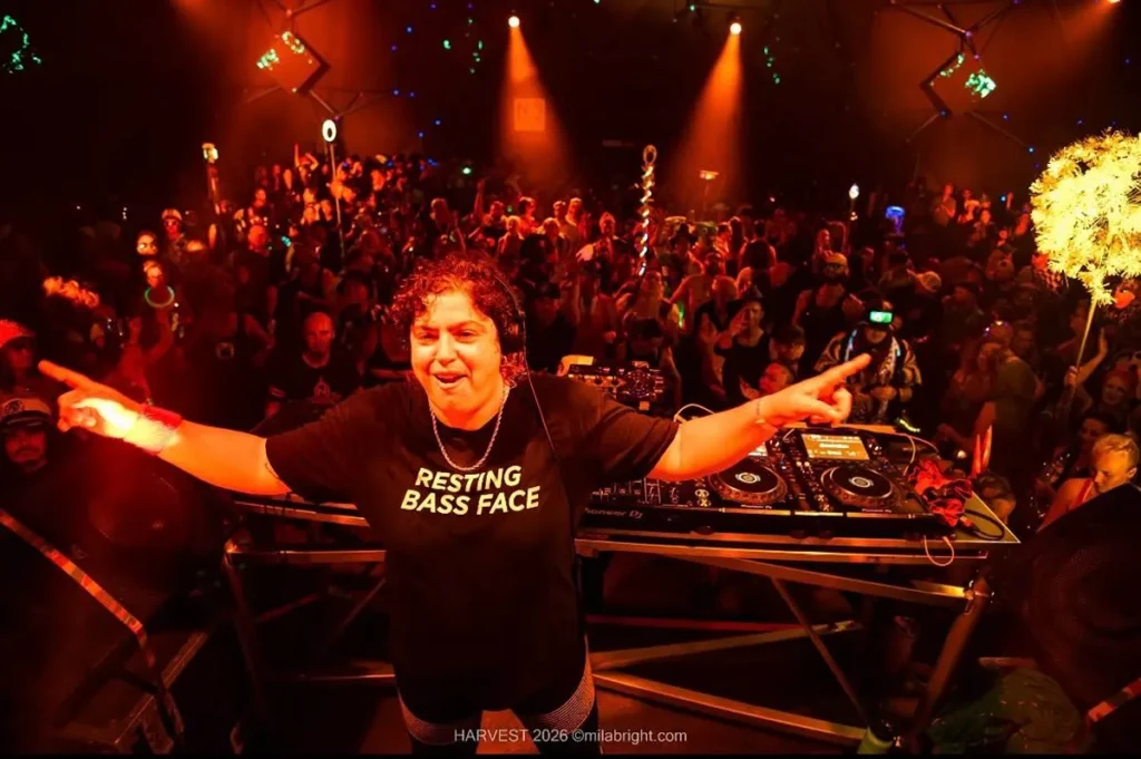 DJ performing at a vibrant music festival with a large audience